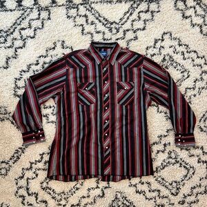 Wrangler Mens Shirt XL Western Red & Black Striped Pearl Snap Long Sleeve Work